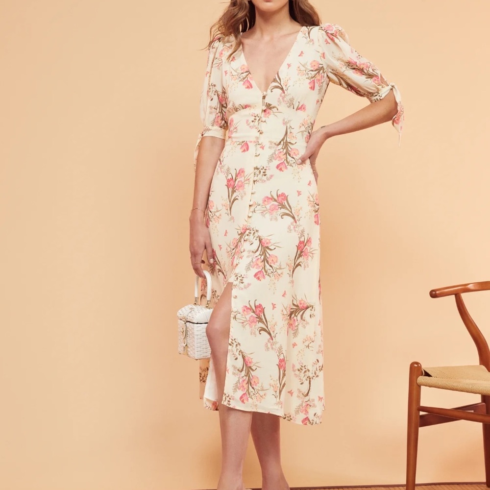 Reformation button down white/pink Bryar Dress